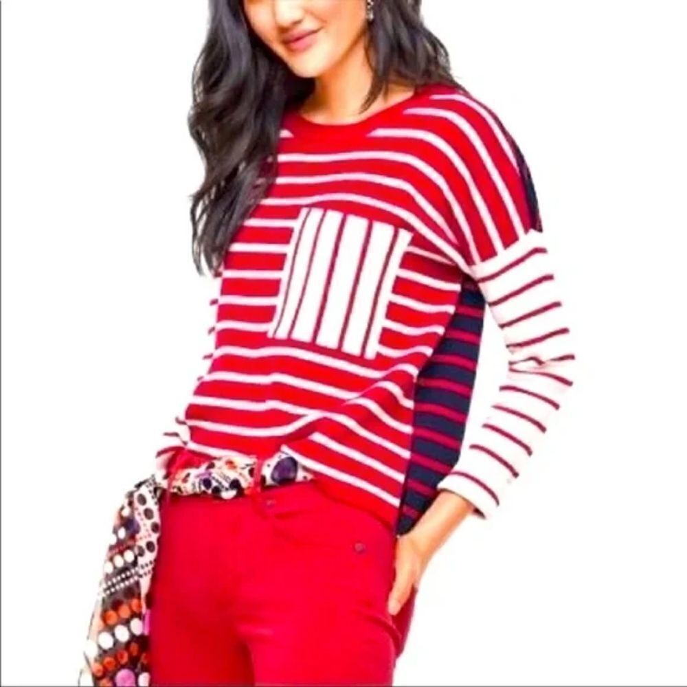 Cabi Pocket Pullover Red Stripe Cotton Knit Sweater Top Size S
